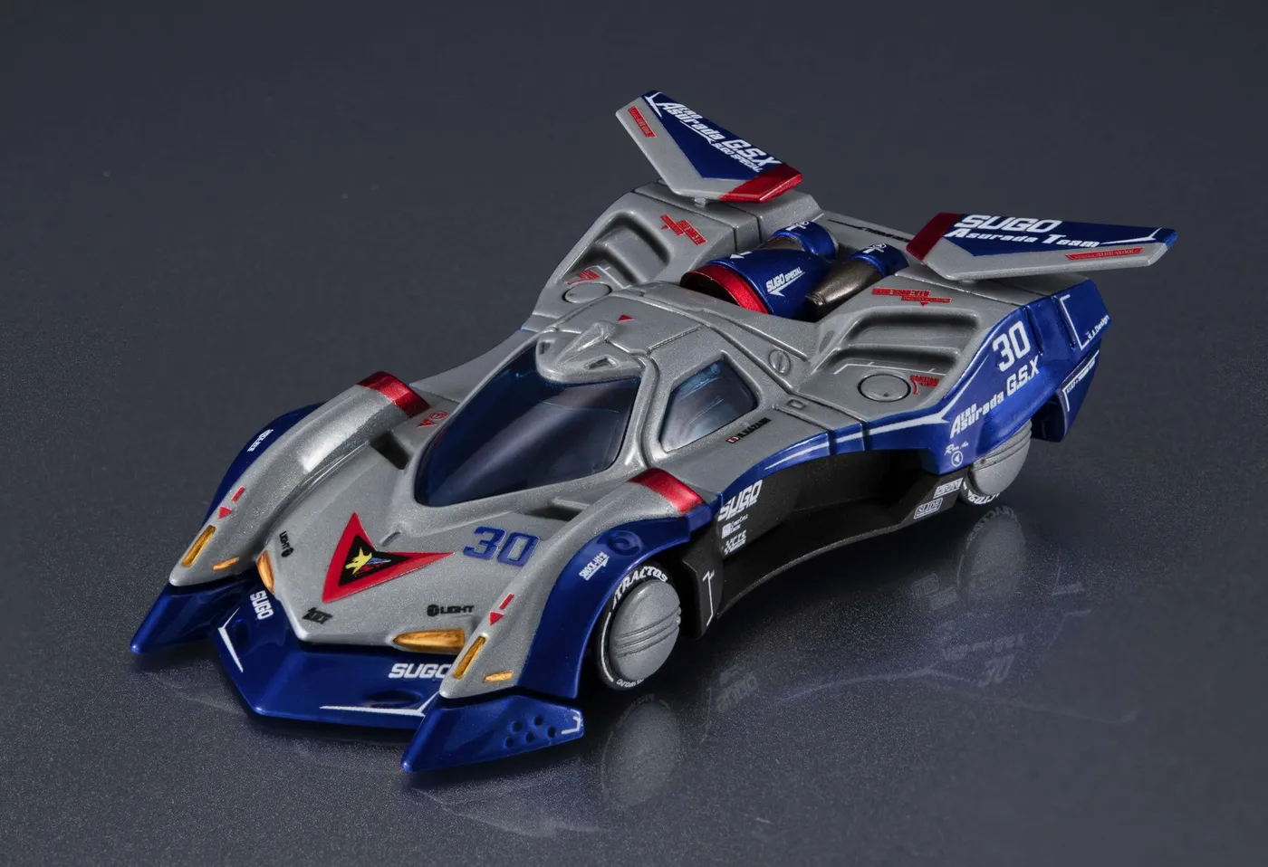 Heritage Edition Asurada G.S.X Aero Mode model in silver and blue with rear wing raised