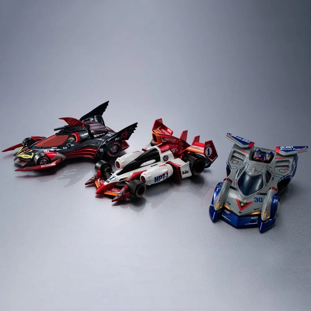 Three Heritage Edition Cyber Formula models: Missionel VR-4 in black and red, Knight Savior 005 in red and white, Asurada G.S.X Aero Mode in silver and blue