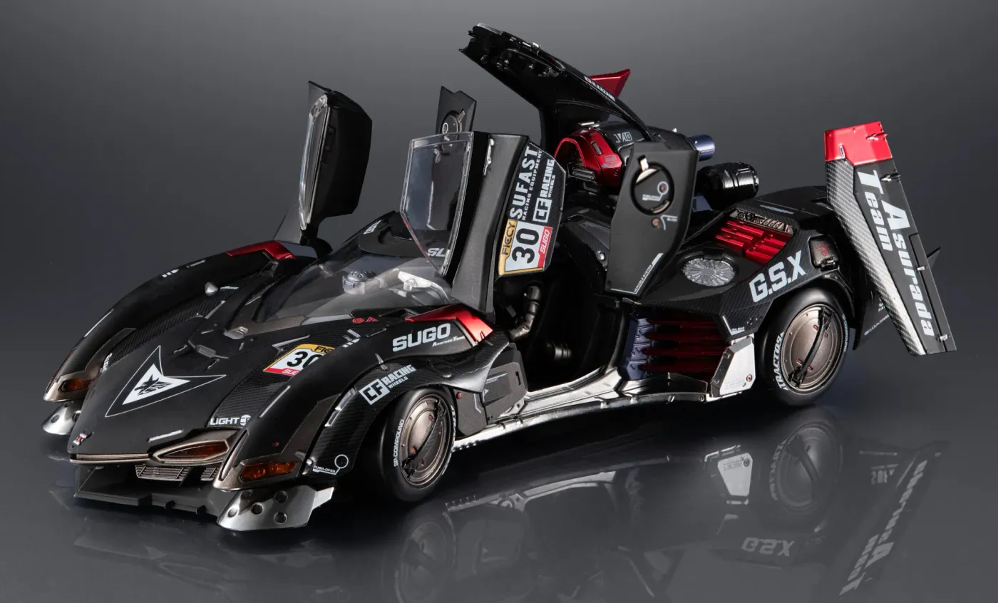 threeMega Asurada G.S.X RS Siren die-cast model in matte black and red with side doors and rear hatches open