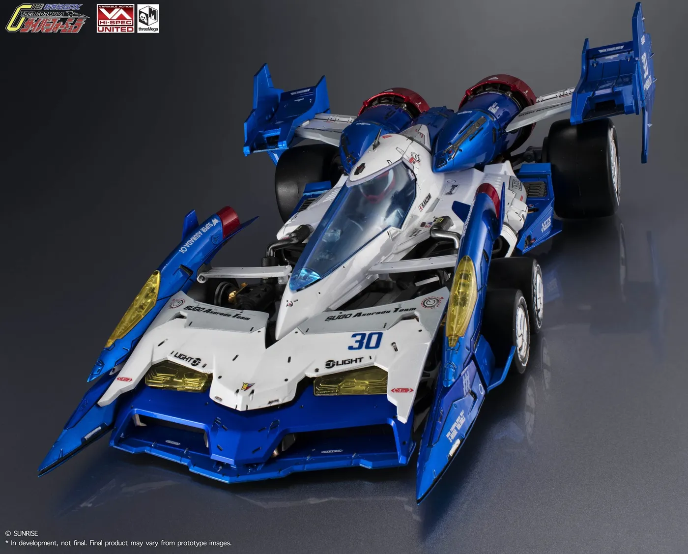 threeMega Super Asurada 01 die-cast model in blue and white with rear wings deployed