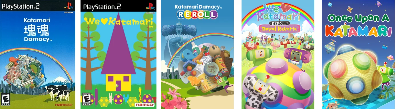 Covers for Katamari Damacy and We Love Katamari on PlayStation 2, Katamari Damacy REROLL, We Love Katamari REROLL+ Royal Reverie and Once Upon a Katamari