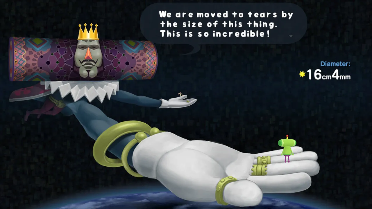 The tiny Prince stands in the King of All Cosmos's open hand