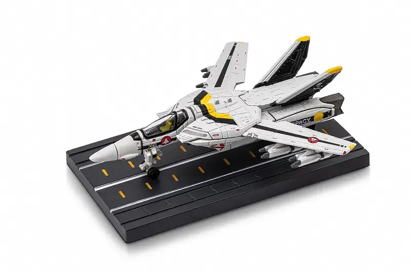Kids Logic Mini Metal VF-1S Valkyrie die-cast model in fighter mode on a runway base