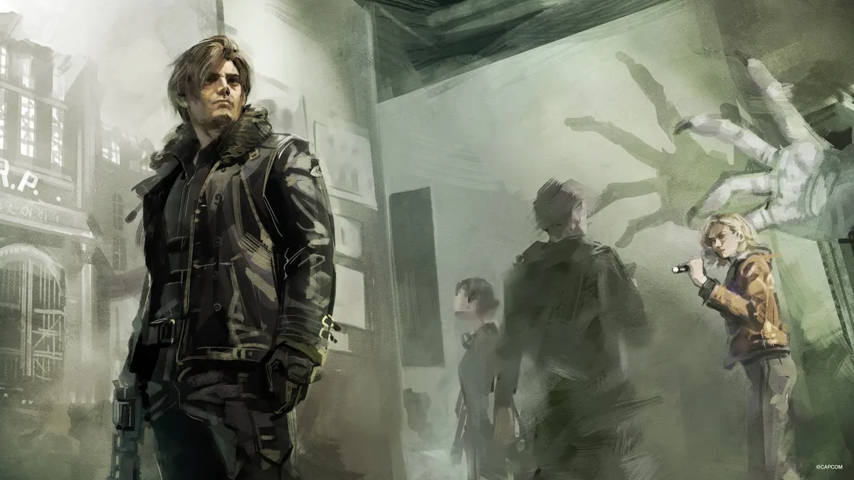 Concept artwork of a life-size Leon S. Kennedy in front of a Raccoon City police station backdrop with other survivors behind him