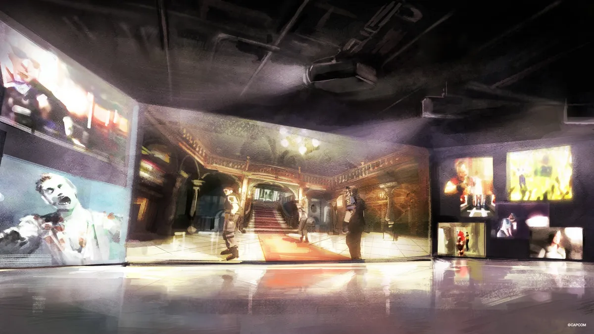 Concept artwork of the exhibition theatre with large screens showing the Spencer Mansion hall and scenes from past games