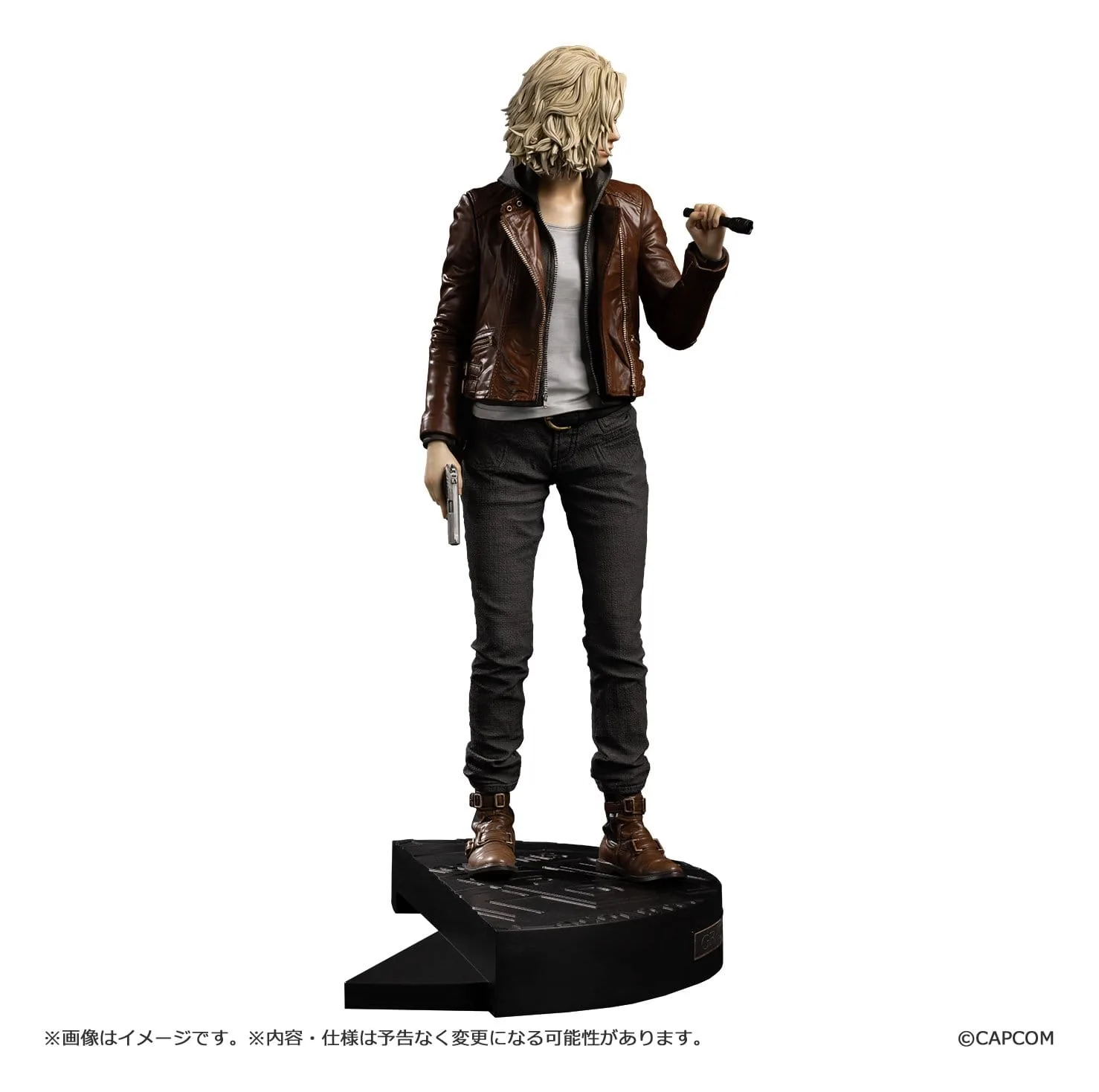 Capcom Figure Builder Creator's Model Grace Ashcroft statue in a brown leather jacket holding a torch and a handgun, on a base with a protruding connector tab