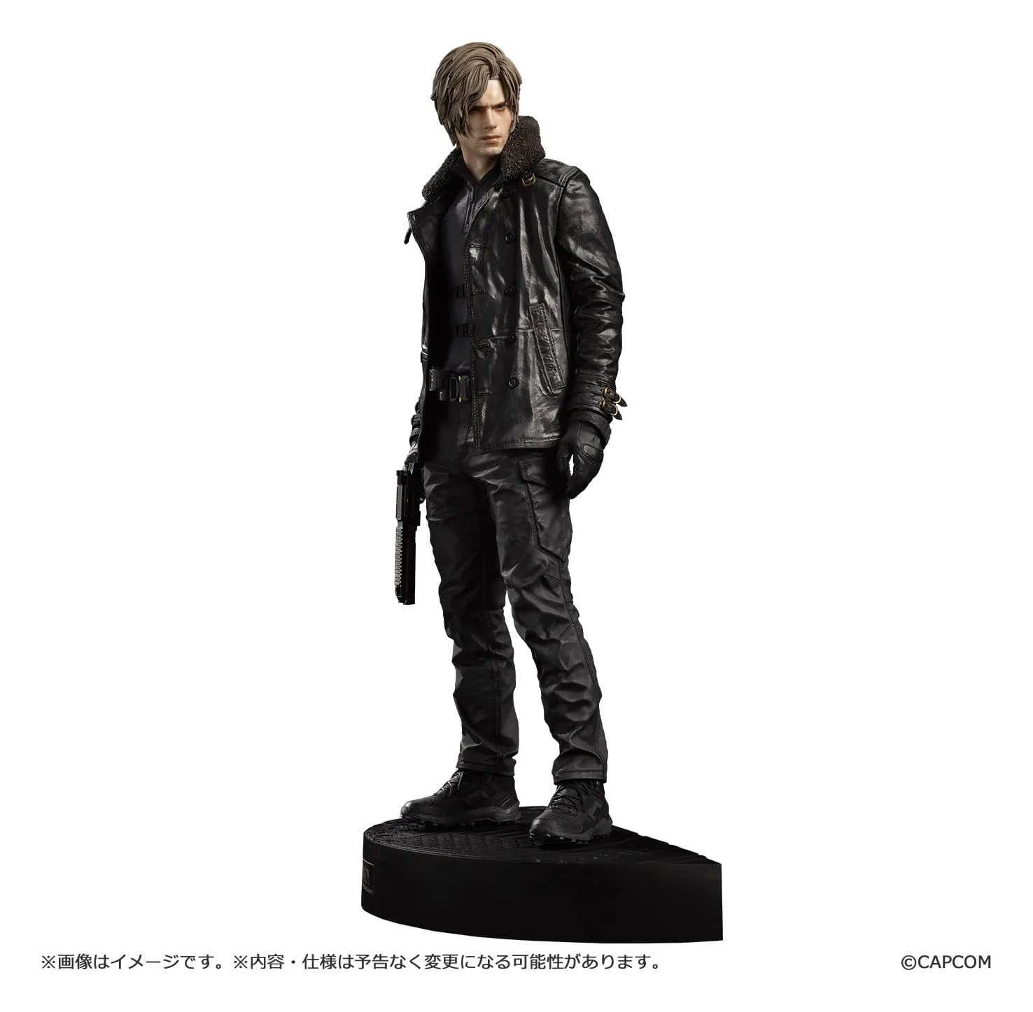 Capcom Figure Builder Creator's Model Leon S. Kennedy statue in a black leather jacket with shearling collar, holding a handgun, on a round nameplate base