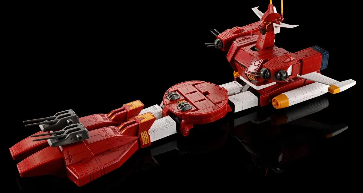 Soul of Chogokin GX-38R Iron Gear transformed into its long red landship mode with gun turrets along its length