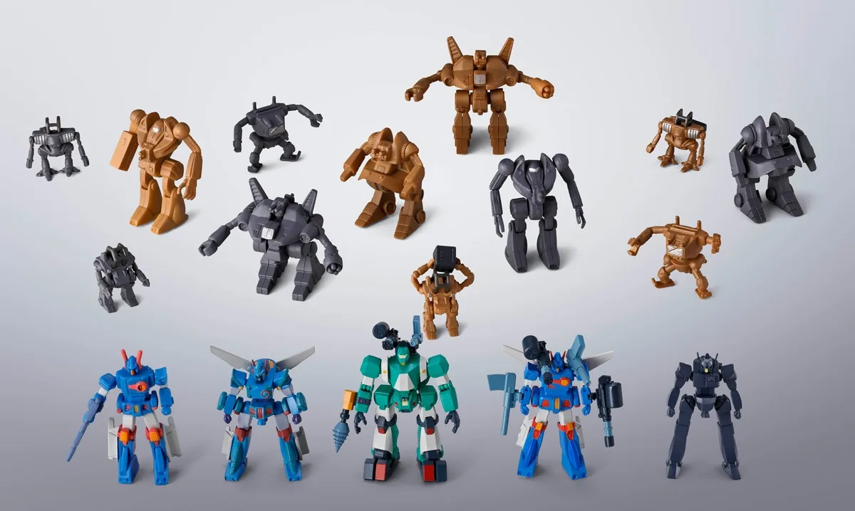 GX-38X Walker Machine Set contents: painted Xabungle and Walker Gallia variants in the front row with the grey and brown kit-built Walker Machines behind