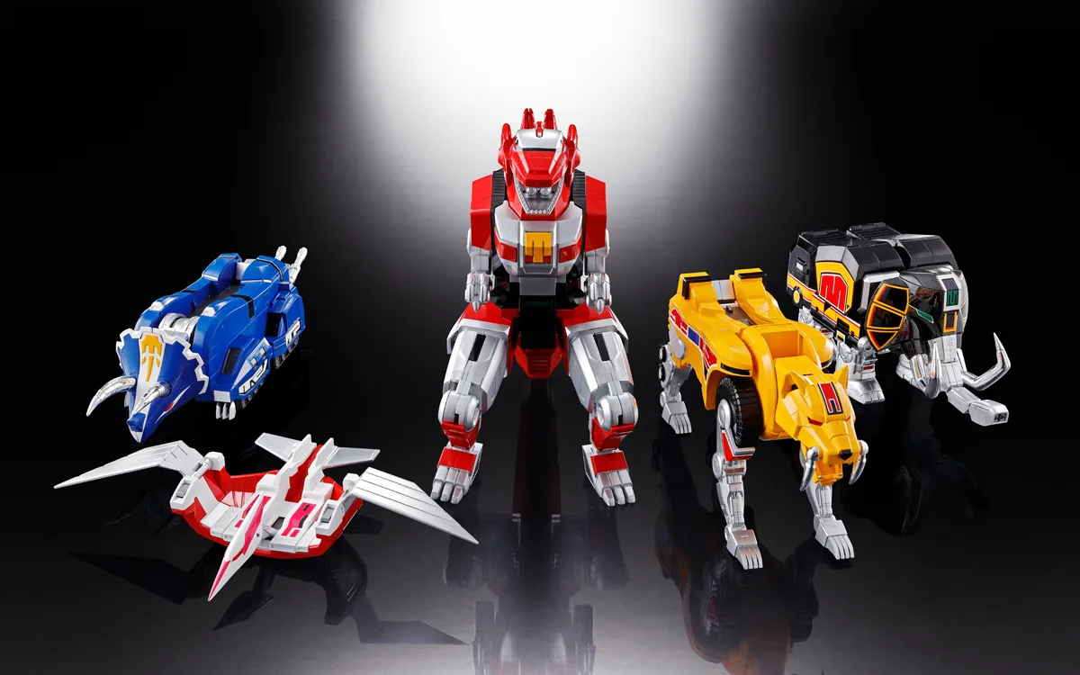 The five Guardian Beasts that form Daijyujin: blue Triceratops, red and white Pteranodon, red Tyrannosaurus, yellow Saber Tiger and black Mammoth